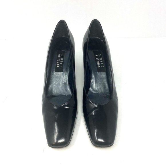 Stuart Weitzman 9.5 AAA 90's Square Toe Pumps Narrow Black Patent Metallic Heel - Picture 4 of 10